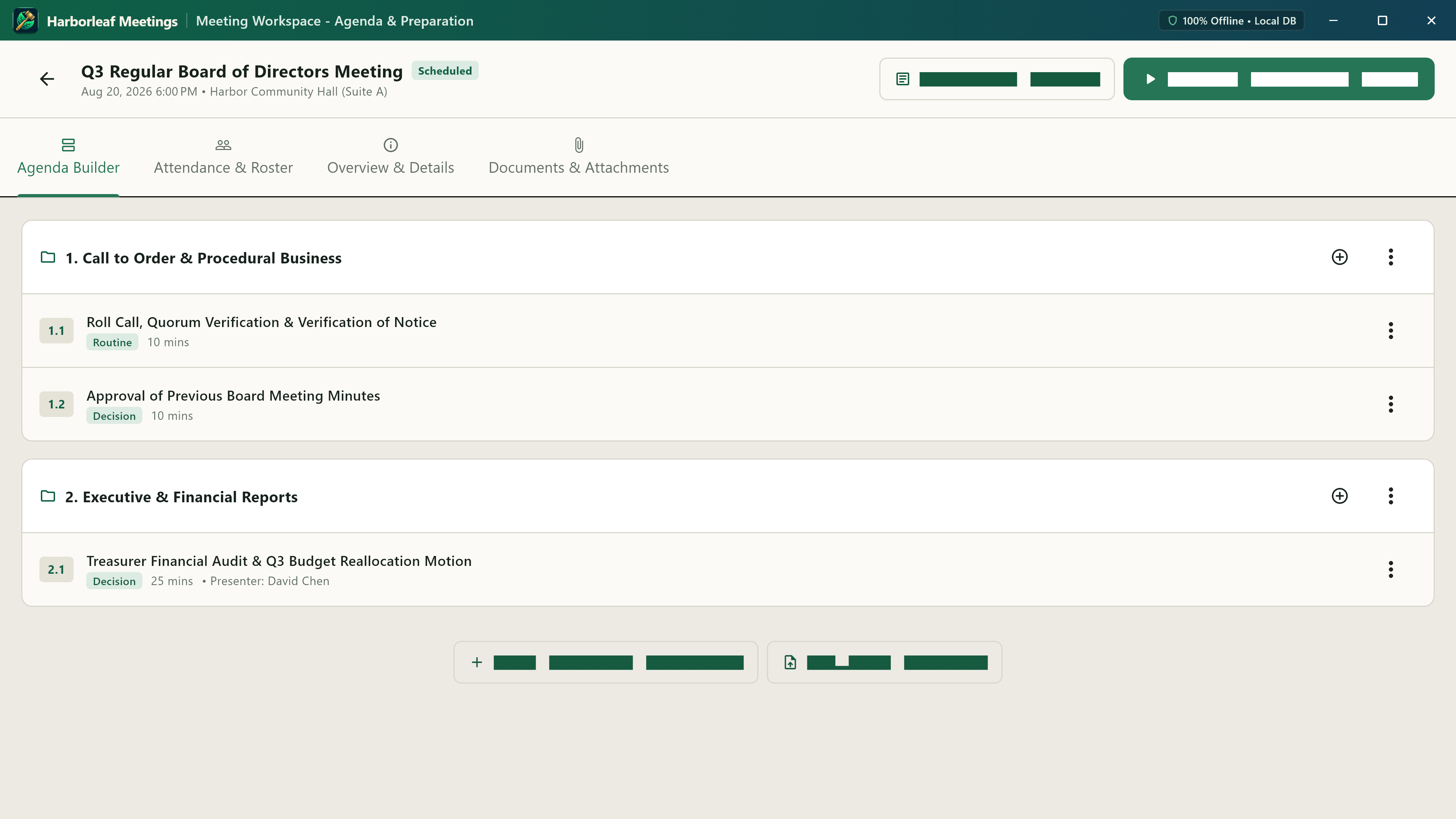 Harborleaf Meeting agenda workspace with structured agenda items and meeting controls